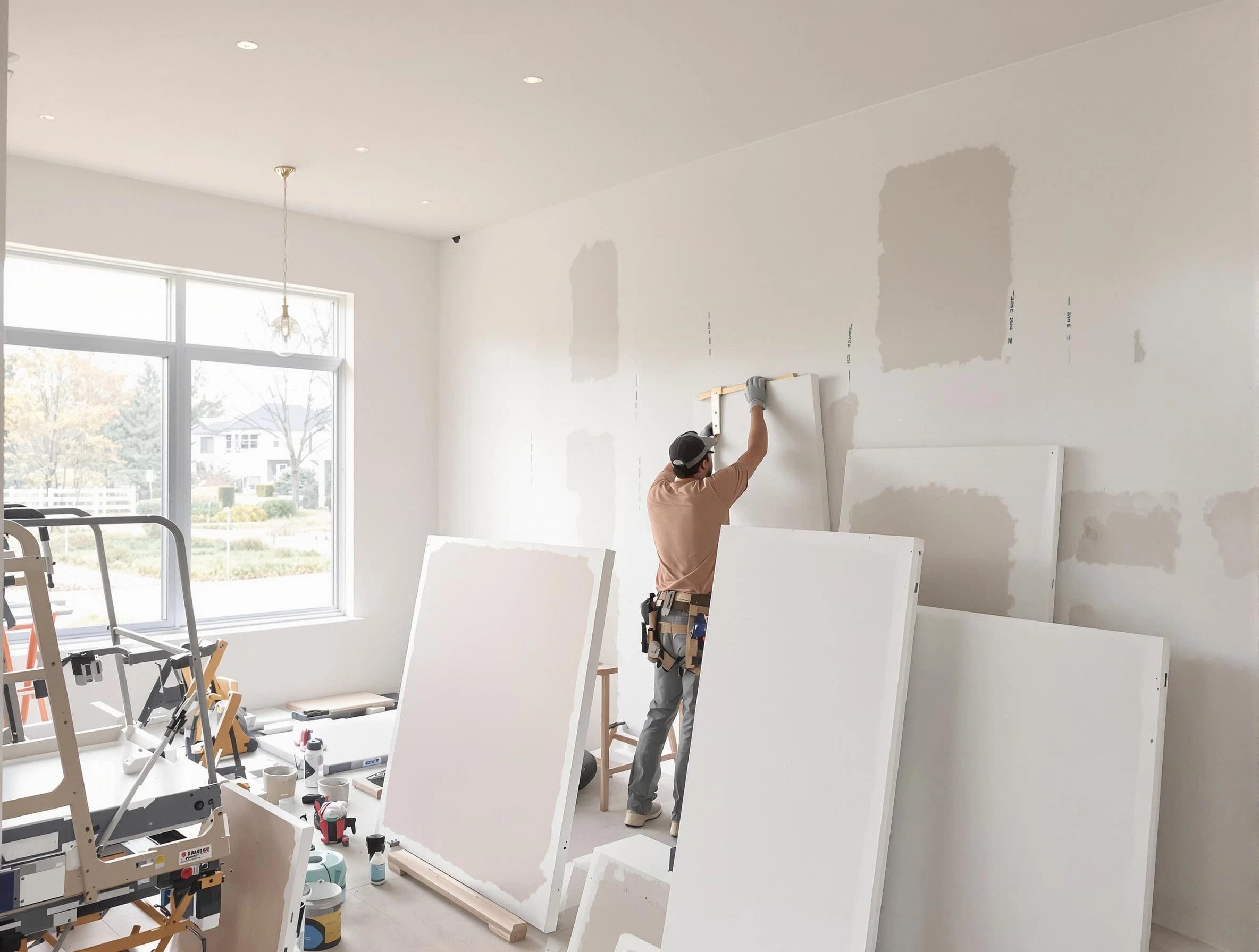 Beachwood House Painters precisely hanging drywall sheets in Beachwood, OH