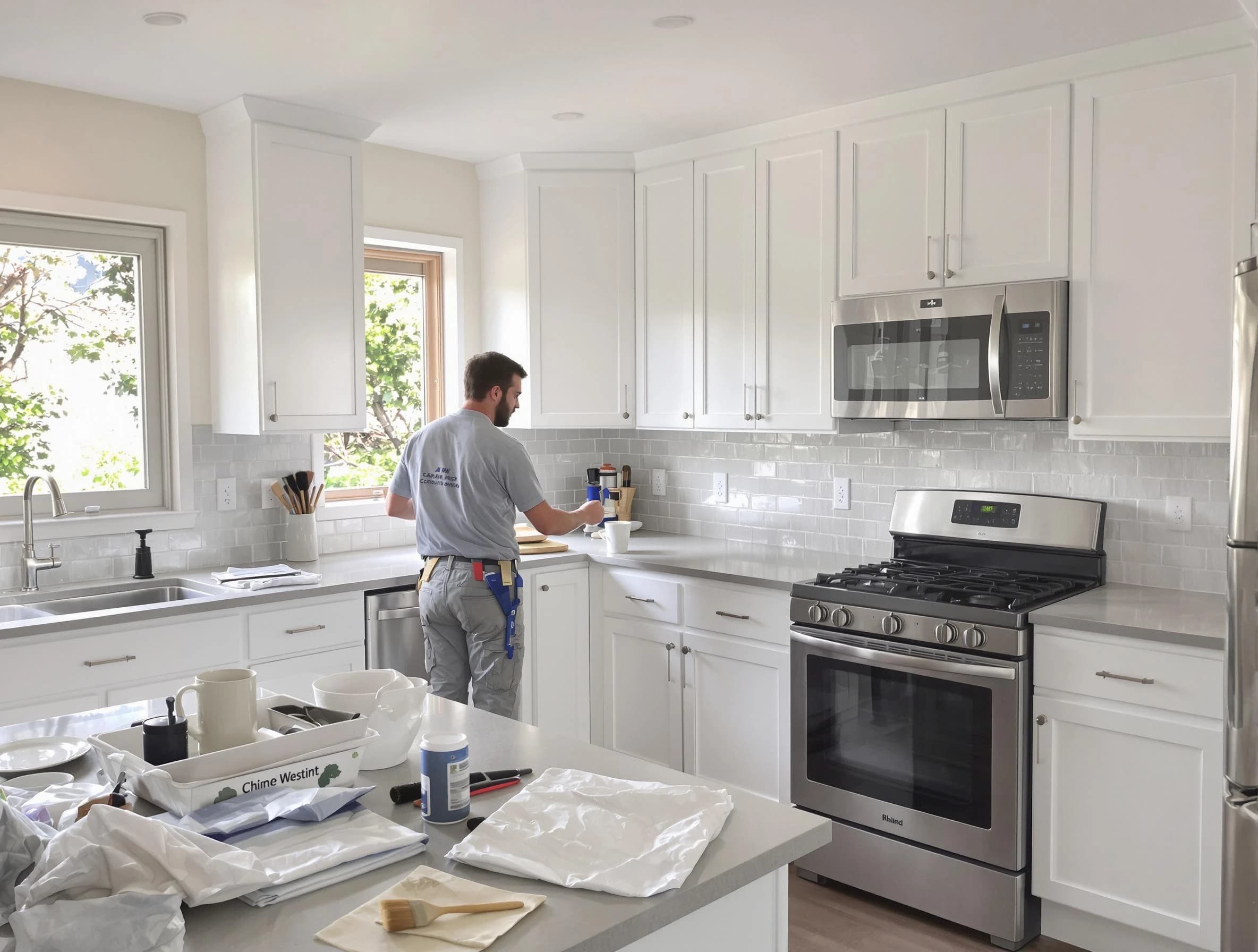 Beachwood House Painters applying fresh paint on kitchen cabinets in Beachwood