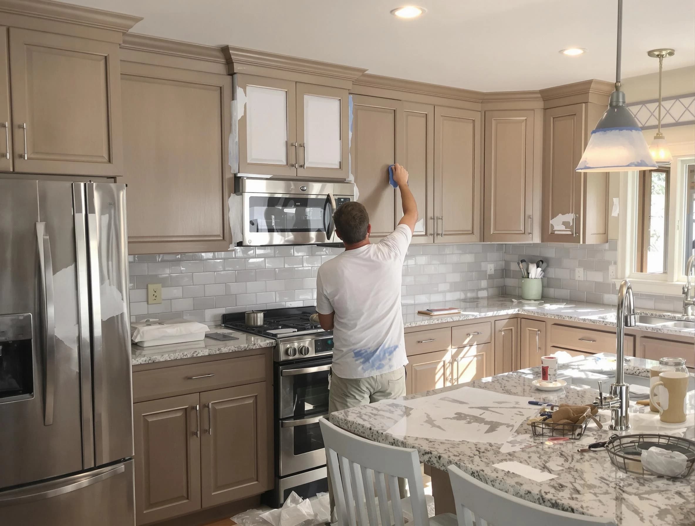 Before-and-after view of kitchen painting by Beachwood House Painters in Beachwood