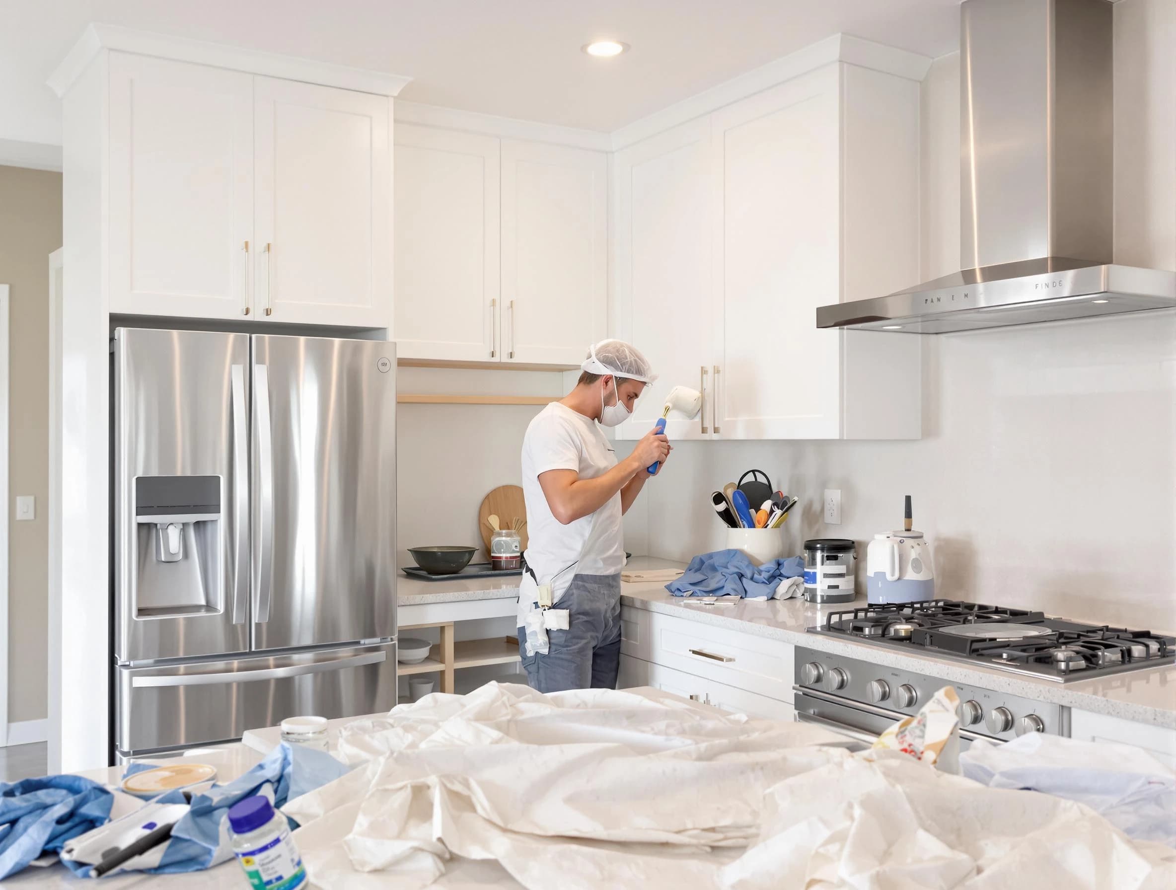 Beachwood House Painters painter applying a fresh coat in a kitchen located in Beachwood, OH