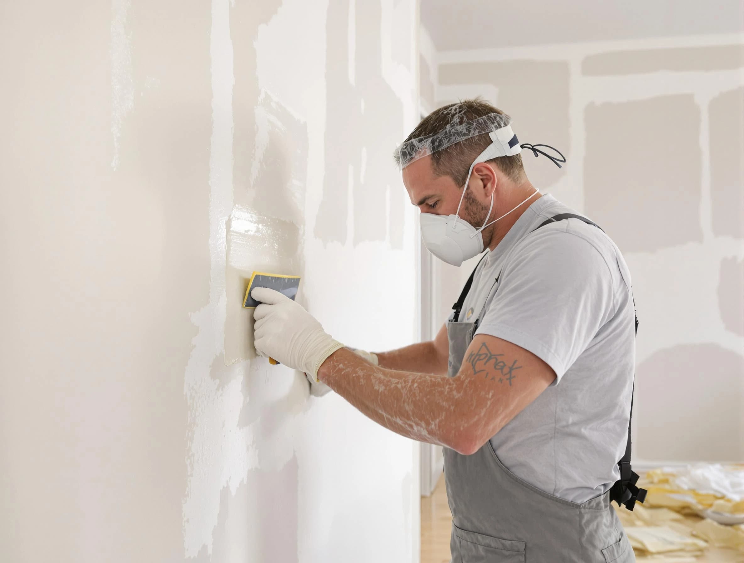 Beachwood House Painters technician applying mud to drywall seams in Beachwood, OH