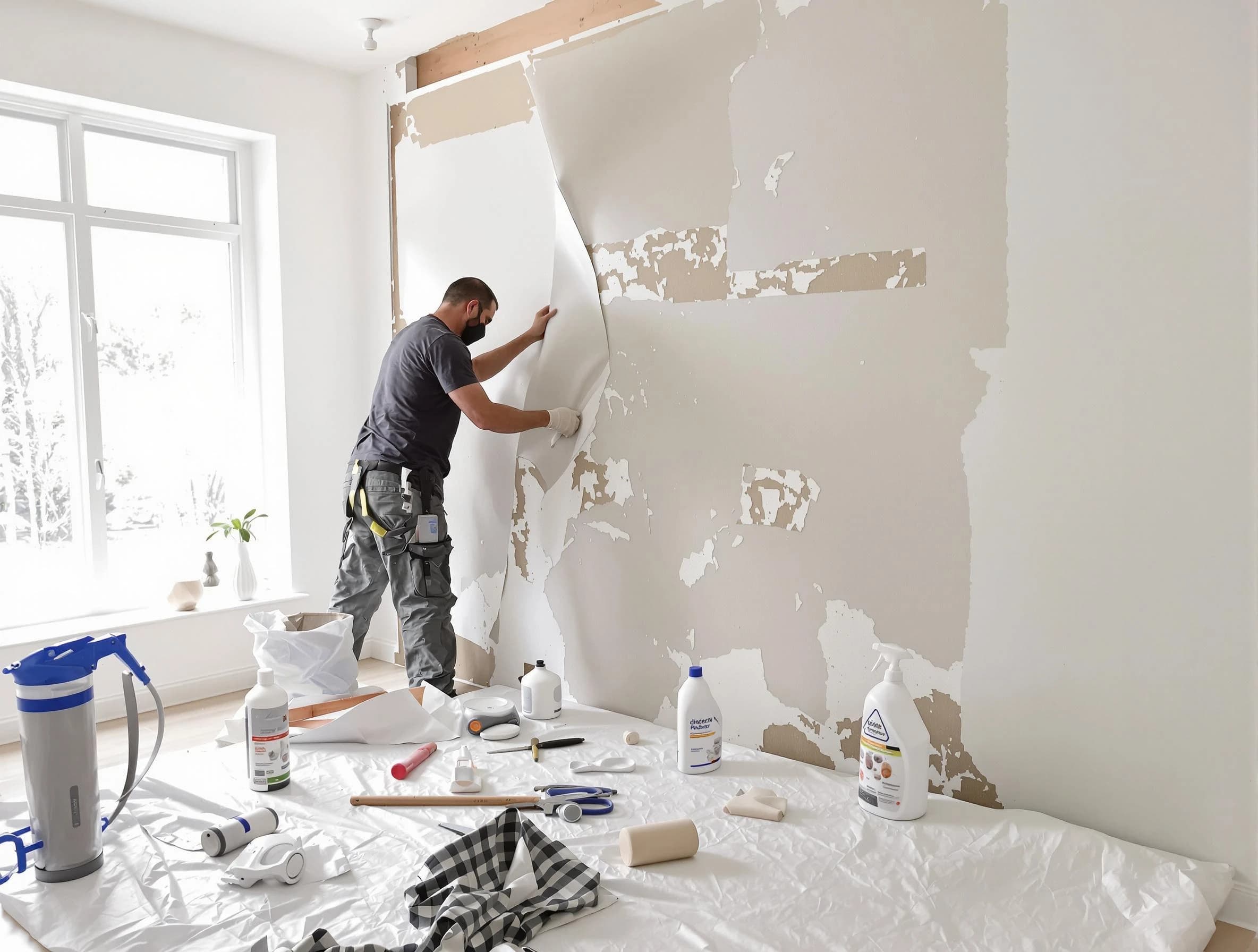 Beachwood House Painters technician removing wallpaper in Beachwood, OH