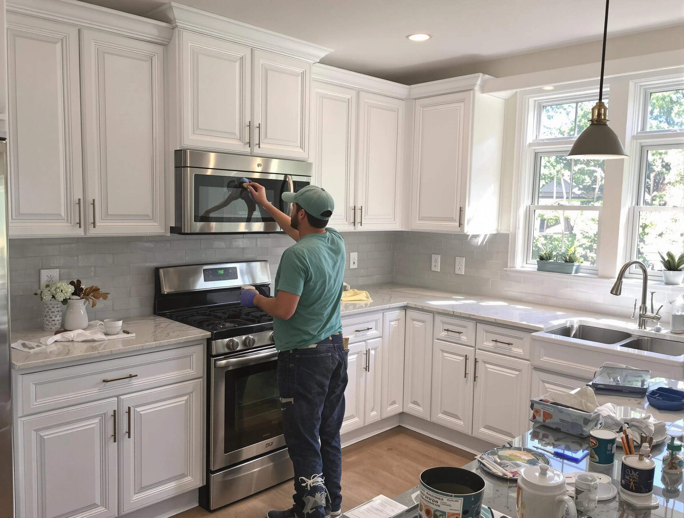 Kitchen cabinets being refinished by Beachwood House Painters in Beachwood, OH